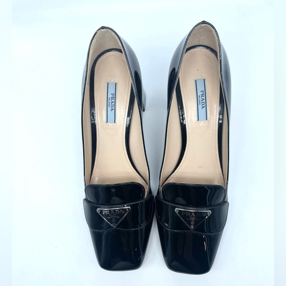 Prada Black Patent Leather Logo Plaque Block Heel Square Toe Loafer EU 39 US 9 - Picture 3 of 16